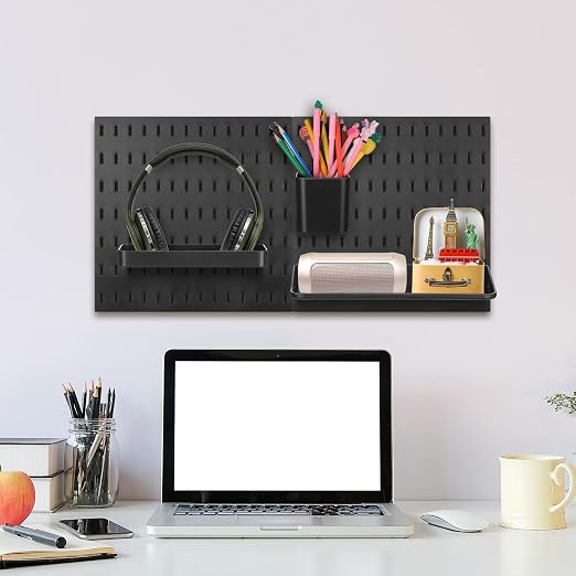 Unittype 17 Pcs Peg Board Combination Kit, 6 Plastic Wall Pegboard with 11 Accessories, 33" x 22" Desk Pegboard Organizer with Shelf Hook for Office, Kitchen, Gaming, Garage, Craft Room(Black) - Image 5