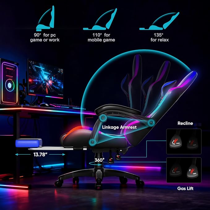 Czlolo Gaming Chair, Racing Style RGB LED Lights Gaming Chairs for Adults and Kids, Lumbar Massager Gamer Chair, High Back Reclining Computer Chair with Footrest and Headrest (Black/Blue) - Image 6