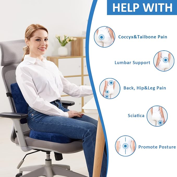 SAIREIDER Chair Cushion and Lumbar Support Pillow for Office Chair, Car Seat Cushions Back Support Pillows, Memory Foam Chair Support for Back&Lumbar, Relieve Tailbone Pain and Sciatica (Blue) - Image 2
