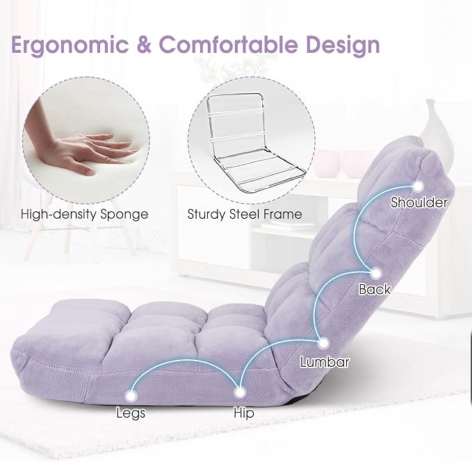 Floor Chair with Back Support, 14-Position Lazy Sofa Chair with Soft Coral Fleece, Folding Floor Gaming Chair, Couch Recliner, Floor Seat for Reading, Meditating, Yoga, Gaming (Light Purple) - Image 5
