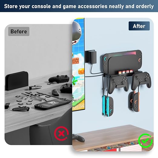 Wall Mount for Nintendo Switch 2 /Switch OLED/Switch Console, Switch 2 holder with Storage 8 Card Slots,2 Pro Controller and 4 Joycon Hanger-Install Behind TV, Black - Image 4