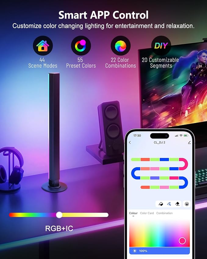 Smart RGB+IC LED Light Bar for Room, 16-Inch TV LED Backlight with Music Sync, Gaming Ambient Lighting Compatible with Alexa and Google Assistant, Sturdy Aluminum Light Bars - Image 4