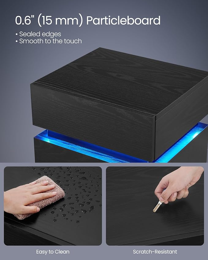 VASAGLE LED Nightstand with Charging Station, 3 Drawers - Image 7
