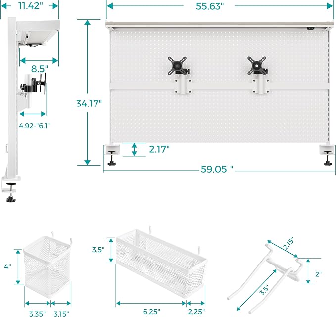 EUREKA ERGONOMIC Desk Pegboard Dual Monitor Stand 59x34 White | Large steel pegboard with dual monitor stands, LED lighting, privacy panel and modular accessories for gaming desks - Image 3