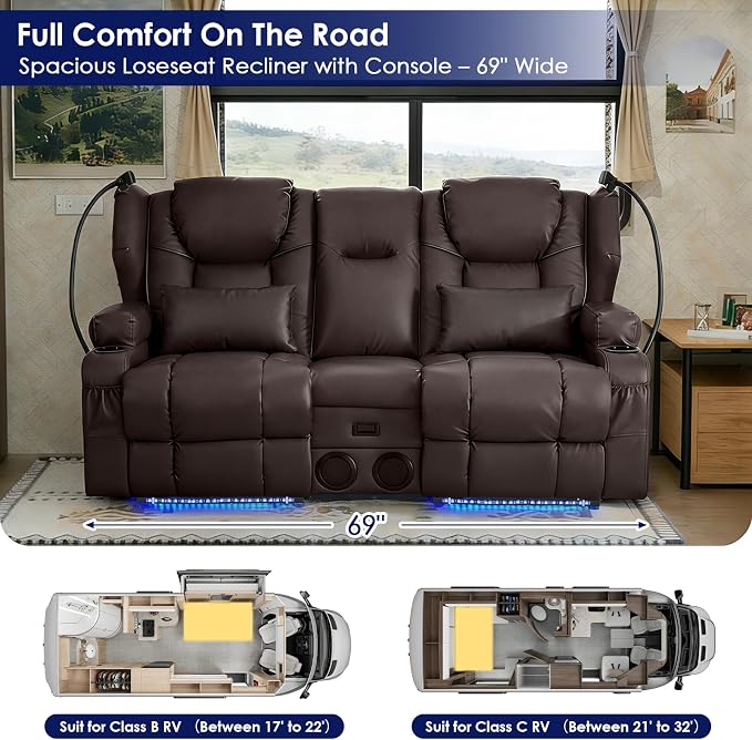 Redlife Power Loveseat Recliner Sofa with Console, Blue LED Lights - Image 8