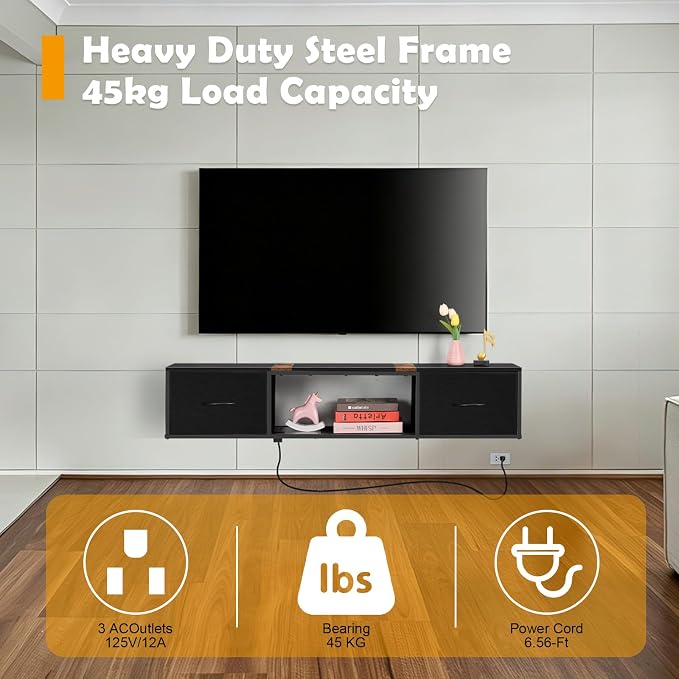 Floating TV Stand with Power Outlet, Wall Mounted Entertainment Center with Drawers, Rustic Brown Industrial Media Console Shelf for Living Room, Bedroom（Brown） - Image 3