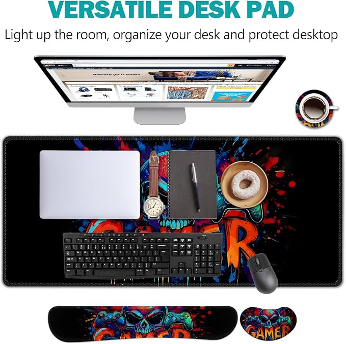 AIMSA Large Gaming Mouse Pad Set, Keyboard Wrist Rest Support + Extended Mouse Pad + Mouse Wrist Cushion + Coaster, Skull Gamer Ergonomic Memory Foam Multifunctional Desk Mat 35x15.7inch - Image 2