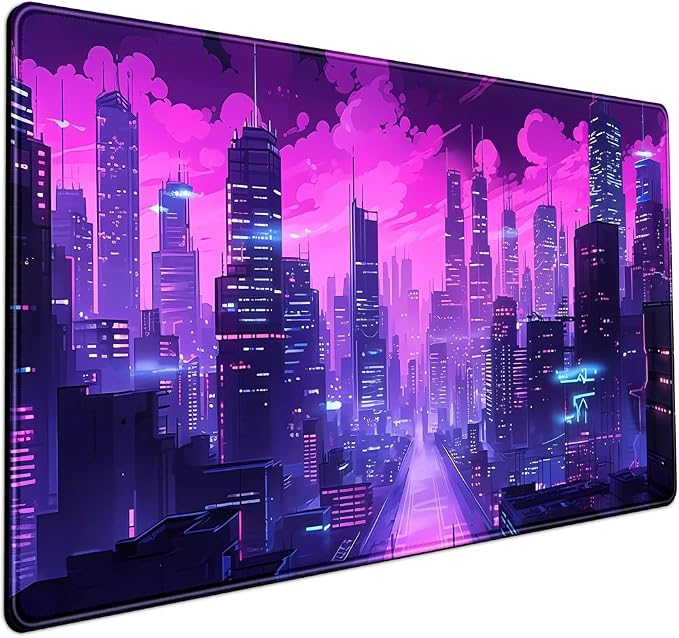 Cyberpunk Neon Purple City Gaming Desk Mouse Pad XL Pink Extended Mouse Pad Gaming, Keyboard Pc Office Laptop Mousepad Large, 31.5x15.8 in with Stitched Eges Non-Slip Base Mouse Pads by Mechanical+Cattle