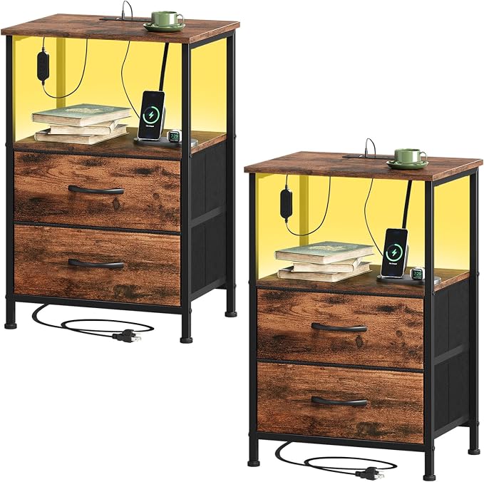 Somdot Nightstands Set of 2 with 2 Drawers, Charging Station & LED Light by Somdot