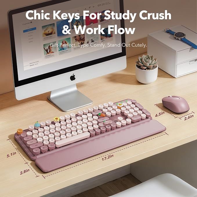 Wireless Keyboard and Mouse Combo, Full-Size Typewriter-Style Keyboard with Round Keycaps, Magnetic Wrist Rest, Tilt Legs, 2.4GHz Cordless for Mac, Windows PC, Laptop, SABLUTE CK23, Dusty Rose - Image 8