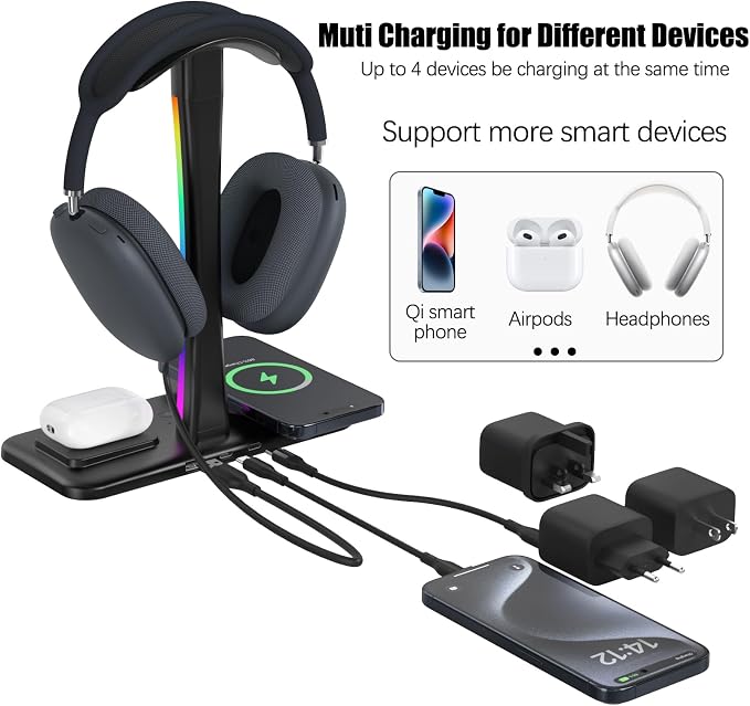 Headphone Stand with Wireless Charger,Gaming Headset stand with RGB Light Mode,For Airpod Max Stand Compatible with Airpod Pro/3/2,For iPhone 17/16/15/14/13/12/11,Gifts for Gamers & Music Lover(Black) - Image 4