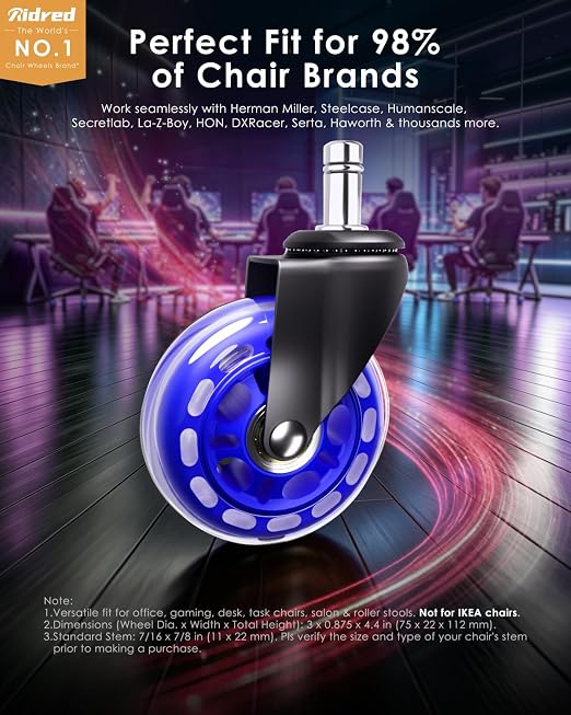 RidRed Gaming Chair Wheels - Heavy-Duty Office Chair Wheels - Replacement Rubber Casters- Universal Fit 3 Inch Chair Casters, Noise Free, Fits 98% Chair, for All Floor - Image 2