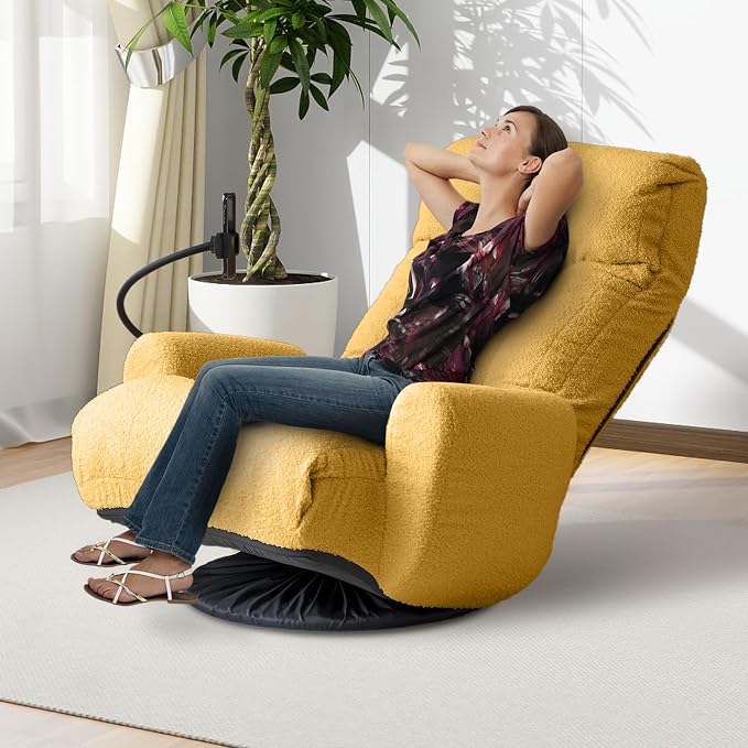 360° Swivel Floor Gaming Chair Teddy Folding Lounge Chair Sofa Chair with Adjustable Head and Waist, Armrests & Phone Holder, Padded Cushion Leisure Chairs for Living Room Bedroom (Yellow) - Image 9