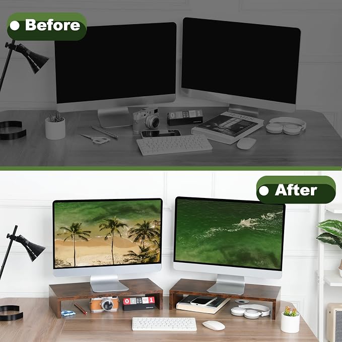 TEAMIX 2-Pack Monitor Stand Riser 20 inch, Wooden Tabletop Shelf, Brown | For 2 Monitors, Laptop, Printer, TV, PC Tower, Rustic Brown Monitor Riser with Storage, Computer Stand Ergonomic Design - Image 7