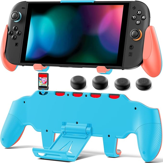 OIVO Grip Compatible with Nintendo Switch 2, Switch 2 Ergonomic Grip Case with Adjustable Stand, Comfort Game Accessories with 5 Game Card Slots and 4 Thumb Caps, Orange Blue by OIVO
