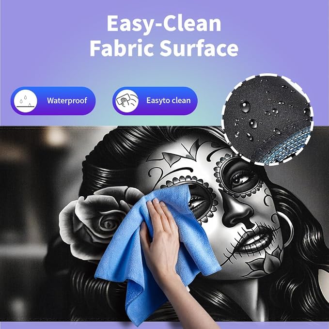 Day of the Dead Sugar Skull Woman Large Mouse Pad, Black White Desk Mat | Keyboard Mat Stitched, 31.5" x 15.8", La Catrina Art, Mexican Dia De Los Muertos, Rose Tattoo, Gothic Chicano, Halloween - Image 5