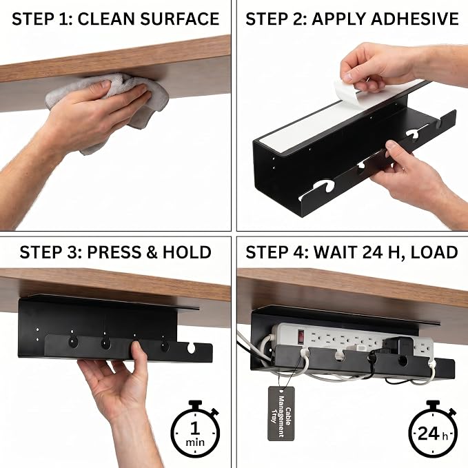 Under Desk Cable Management Tray No Drill, Cord Organizer for Desk, Wire Organizer, Cable Tray for Home Office Standing Desk, Wire Managment, Cord Hider, Set of 2 pcs (1 Black & 1 White) - Image 4