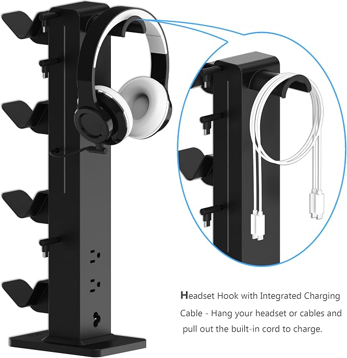 KAFRI RGB Gaming Headphone Stand with Controller Holder, Desk Organizer with Retractable Charger Cable, 2 AC Outlets & 4 Type-C Charging Ports, PC Gaming Accessories for Headset & Controller (Black) - Image 7
