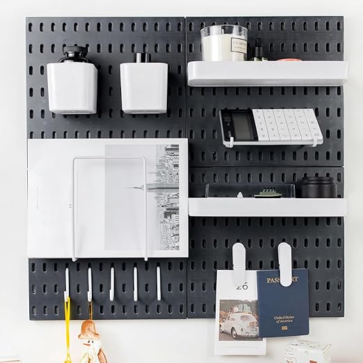 Pegboard Combination Kit for Wall Organizer, Wall Mounted Peg Board Kits for Kitchen, Bedroom, Office, &Bathroom, 4 Pieces Black Pegboards and 14 Accessories, 22" x 22" by RIVTUNTOOLS