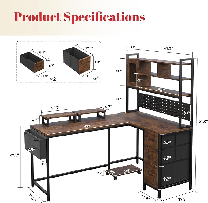 Corner L-Shaped Desk with 3 Storage Drawers, Computer Desk with Power Outlet & Pegboard, Gaming Table with Shelves and LED, Monitor Shelf and Side Storage Bag for Study Room, Rustic Brown - Image 2