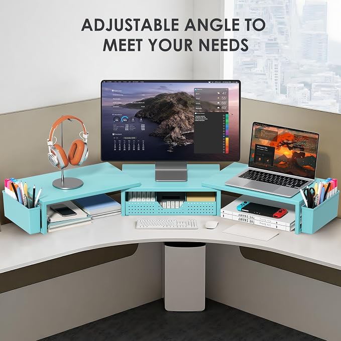 Desk Organizers and Accessories, Dual Monitor Stand Riser with Drawer and 2 Pen Holders, Desk Shelf Computer Racks for Office Workspace Organizers, Desktop Organization (Blue) - Image 5