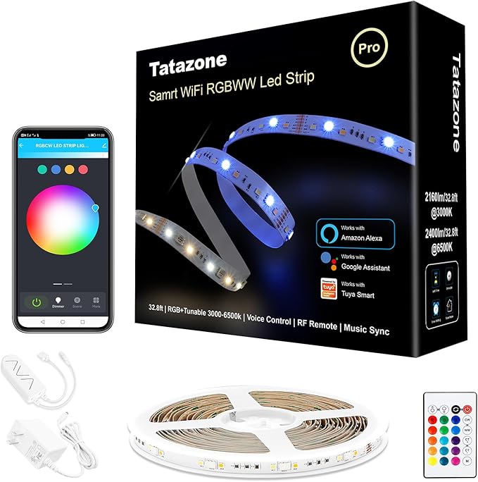 Tatazone RGBWW Smart LED Strip Lights, 32.8ft Tunable White 3000K to 6500K+RGB WiFi Led Light Strips Work with Alexa Google, Music Sync Color Changing Indoor Rope Lights for Kitchen, Room, Cabinet by Tatazone