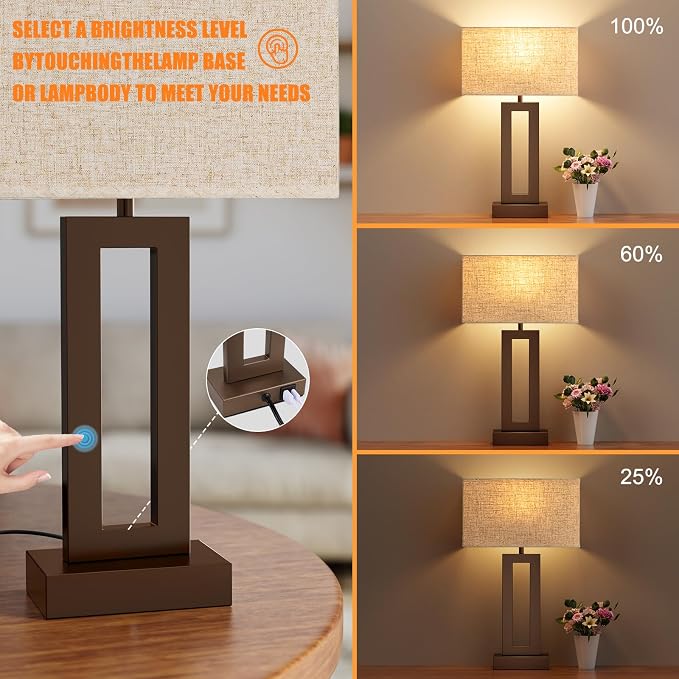 Seealle Bedroom Lamps for Night Stands - Touch Control, 3 Way Dimmable, USB C+A Charging, LED Bulbs, Easy Assembly(Yellow&Coffee) - Image 3