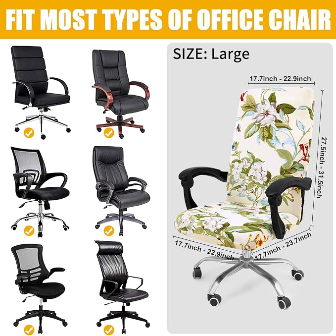 Smiry Office Computer Chair Cover with Armrest Covers, Beige and Green | Stretch Printed Universal Removable Washable Desk Rotating Chair Slipcovers, Soft Anti-Dust Spandex Protector with Zipper - Image 4