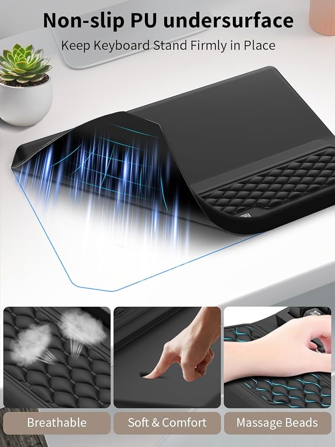3-in-1 Ergonomic Keyboard Stand with Wrist Rest & Mouse Pad Set, Black | Comfy Keyboard Riser Holder Soft Mousepad with Massage Design, Memory Foam and Non-Slip PU Base for Pain Relief - Image 6