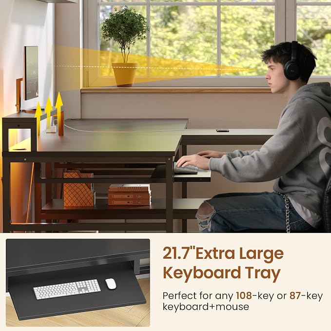 SEDETA 94.5" 2 Person Gaming Desk with Storage Shelves, LED Light, Black - Image 8