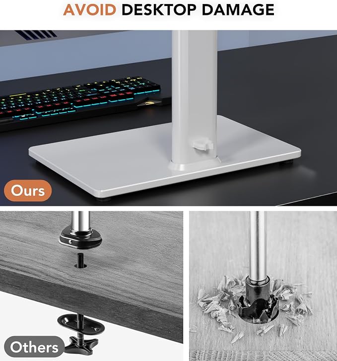 Dual Monitor Stand - Vertical Stack Screen Free-Standing Monitor Riser Fits Two 13 to 34 Inch Screen with Swivel, Tilt, Height Adjustable, Holds One (1) Screen up to 44Lbs HT05W-002 White - Image 7