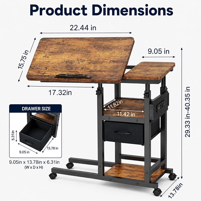 Adjustable Overbed Bedside Table with Wheels, Charging Station - Image 2