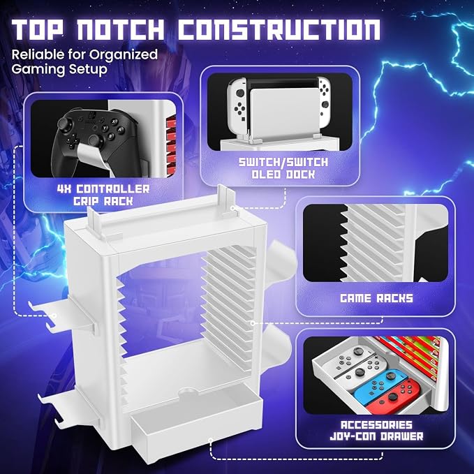 TNP Switch Organizer Station, 10-Game Storage Tower, Dock Holder, White - Image 5