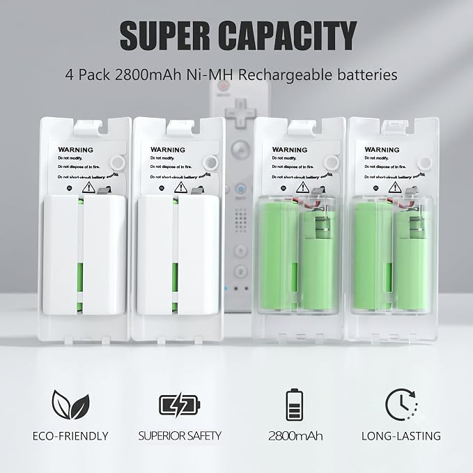 4-in-1 Charging Station for Wii&Wii U Remote Controller,Charger with 4 Rechargeable Battery Packs (4 Port Charging Station+4 pcs 2800mAh Replacement Batteries+USB Cable),Remote Not Included - Image 5
