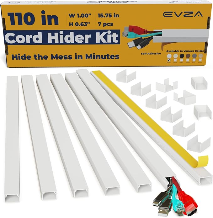 Cord Hider for Wall Mounted TV - Fits 3-4 Cables, 110in Paintable Cable Concealer Kit, Self-Adhesive Wire Cover Channel, Cable Raceway Wire Hider for Power Cords, 7X L15.7in X W1.00in X H0.63in, White by EVZA