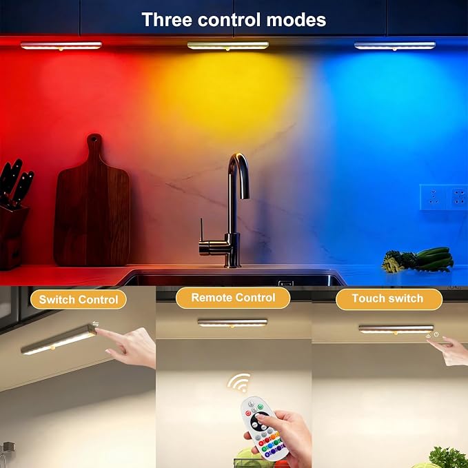 Under Cabinet Lights with Remote Control,15 Colors Under Cabinet Lighting Wireless,Rechargeable Battery LED RGB Night Light Bar withTimer,Dimmable Under Counter Lights for Indoor Kitchen,3Pack - Image 5
