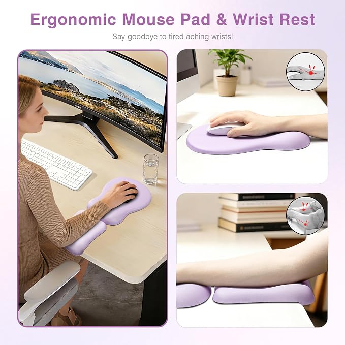 Ospelelf Mouse Pad with Wrist Rest Set Foam L-Shaped Desk Elbow Pad Ergonomic Desk Edge Cushion Anti-Slip Rubber Bottom Office Women Desk Accessories for Computer, Laptop and Gaming, Purple - Image 2