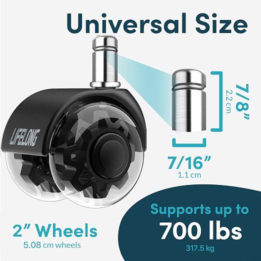 Lifelong Dual Office Chair Wheels Replacement, Heavy Duty, 5-Pack Fits 98% | 2 Inch Original Rubber Caster, Desk Wheels, Smooth & Quiet, Safe for Hardwood Floors & Carpet, Replace Office Chair Mats - Image 4