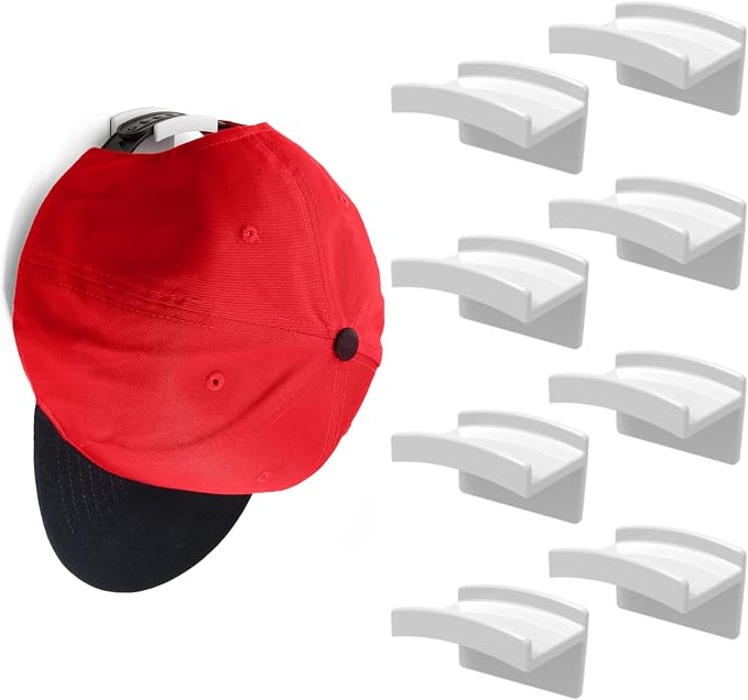 Modern JP Adhesive Hat Hooks for Wall (8-Pack) - Minimalist Hat Rack Design, No Drilling, Strong Hold Hat Hangers - USA Patented, White by ModernJP