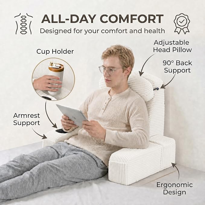Reading Pillow for Adults, Back Pillow for Bed Sitting Up, Backrest Pillow for Sitting in Bed, Detachable Arms with Built-in Cup & Phone Caddy (Beige-Corduroy, 21 INCH) - Image 5