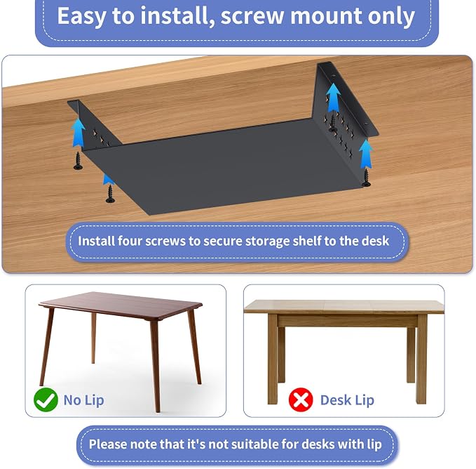 MOLIGOU Under Desk Storage Shelf, Under Desk Tray with Felt Liner, Screw Mount Under Table Hidden Storage for Home Office, Kitchen Cabinet - Image 4