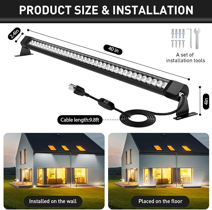 LED Wall Washer Lights Bar 2 Pack,54W 6000K Outdoor Wall Wash Lighting,40 Inch IP67 Waterproof 120V Outdoor LED Light Bar with Switch On/Off for Garden,Backyard,Building,Courtyard Landscape Lighting - Image 3