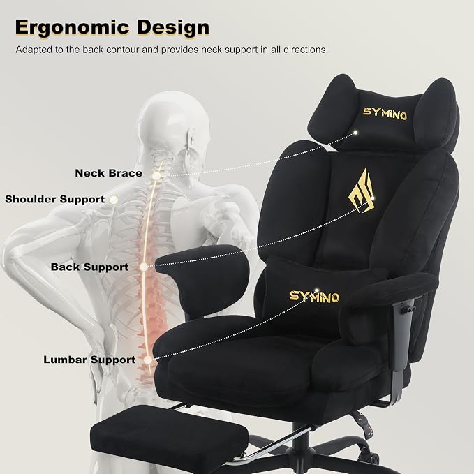 Symino Gaming Chair with Footrest, Up/Down Armrests, Suede Fabric Ergonomic Office Chair, 150° Recline Computer Chair for Desk, Black - Image 4