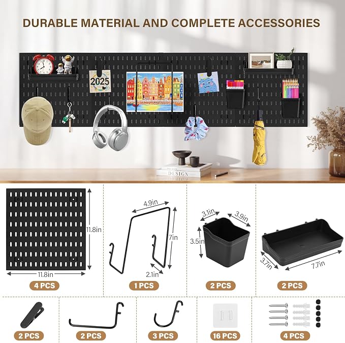 AKTOP Plastic Peg Board Wall Organizer 4-Pack, 12"x12" Pegboard Kit, Black | Includes 13 Accessories, Adhesive or Drill Mounting, Superior Load Capacity, Ideal for Office, Gaming Room, Craft Room - Image 3