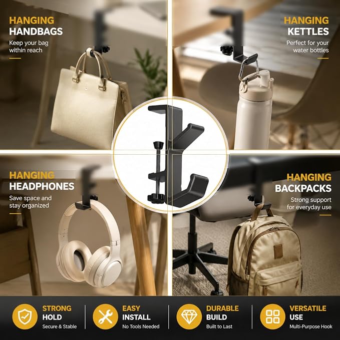 Headphone Stand - Aluminum Alloy Headphone Holder, Under Headset Stand for Desk Fit for PC Gaming Headset Hanger Hook Suitable for Office, Computer, Student Class Desk, Handmade Creator Table (Black2) - Image 8