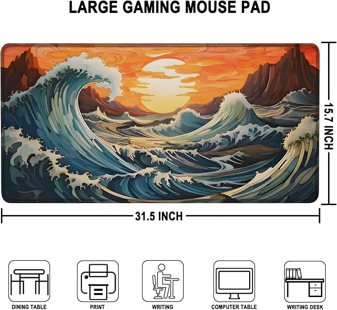 Gaming Mouse Pad, Waterproof Extra Large Mousepad with Stitched Edges, 31.5" x 15.7" Non-Slip Rubber Base Office Big Long Keyboard Pad for Office Gamer Home XXL, (Waves Sunset) - Image 3