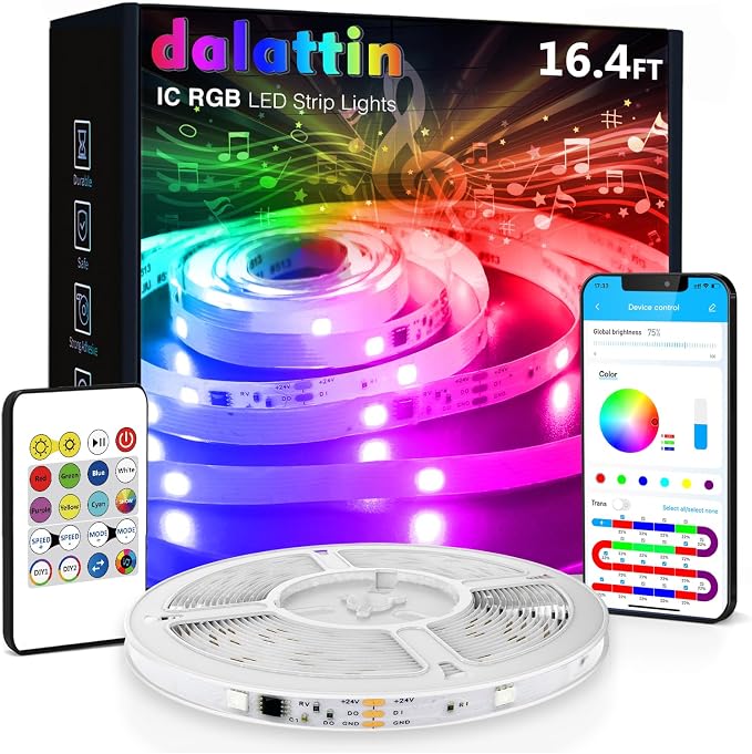 dalattin LED Strip Lights IC+RGB, 5050 Led Lights for Bedroom, DIY Multiple Colors on One Line, Led Lights with Remote&App Control,Color Changing LED Strip Lighting Music Sync,Halloween Gifts, 16.4ft by dalattin