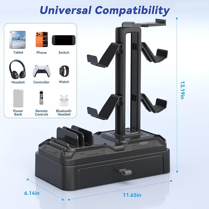 KDD Headphone Stand with Drawer - Rotatable Headset & Detachable Controller Holder for Desk - Multifunctional Organizer with Device Slot for Phones, Tablets - Universal for Gaming Accessories - Image 3