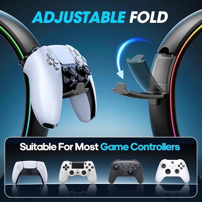 KDD RGB Headphone & Controller Stand with 9 Light Modes - Foldable Controller Hanger for Desk - Earphone Stand with Cable Organizer - for Gamers Desktop Accessories - Image 4