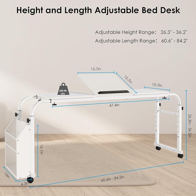 Arlopu Overbed Table with Wheels,60.6-84.2 inches Mobile Bed Desk, White - Image 2